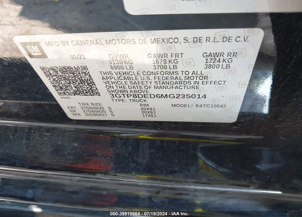 2021 GMC SIERRA 1500 2WD SHORT BOX SLT VIN: 3GTP8DED6MG235014