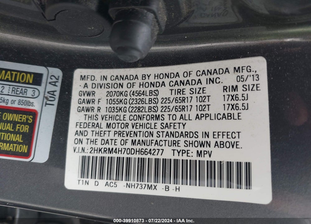 2013 HONDA CR-V EX-L VIN: 2HKRM4H70DH664277
