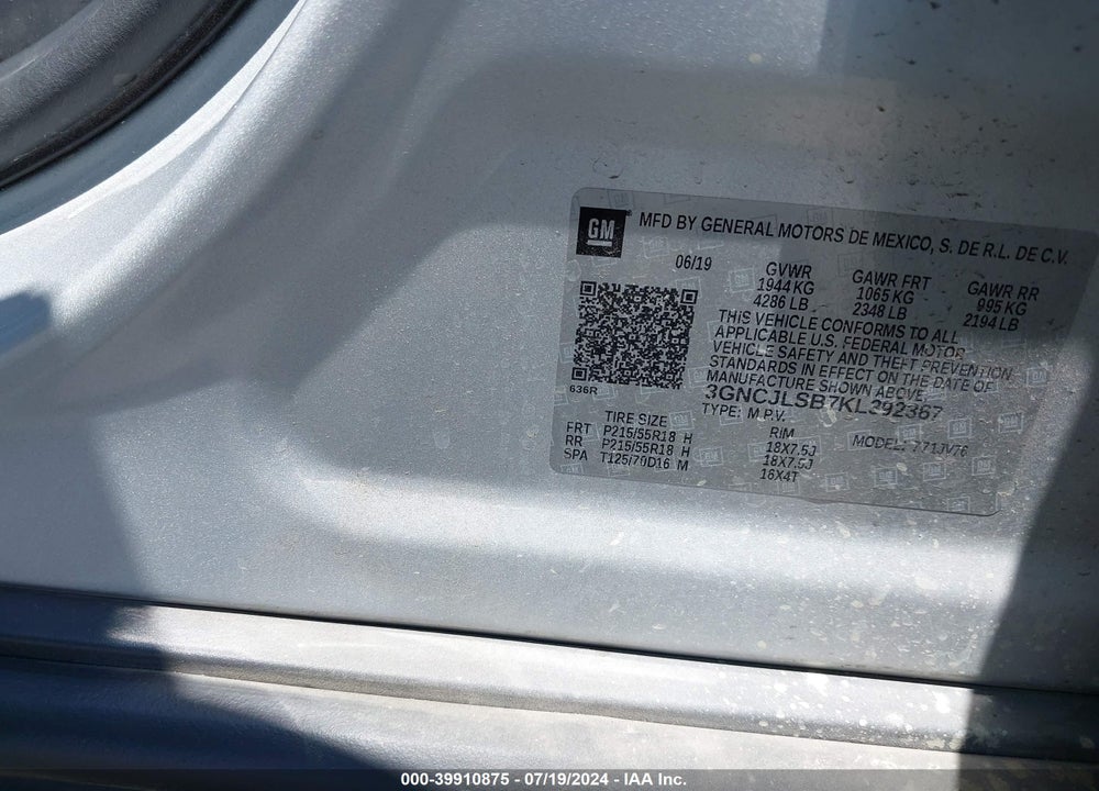 2019 CHEVROLET TRAX LT VIN: 3GNCJLSB7KL392367