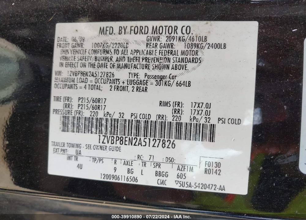 2010 FORD MUSTANG V6/V6 PREMIUM VIN: 1ZVBP8EN2A5127826