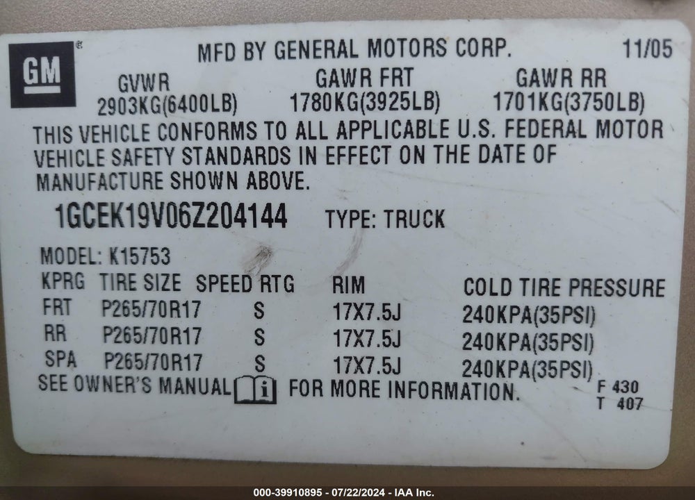 2006 CHEVROLET SILVERADO 1500 WORK TRUCK VIN: 1GCEK19V06Z204144