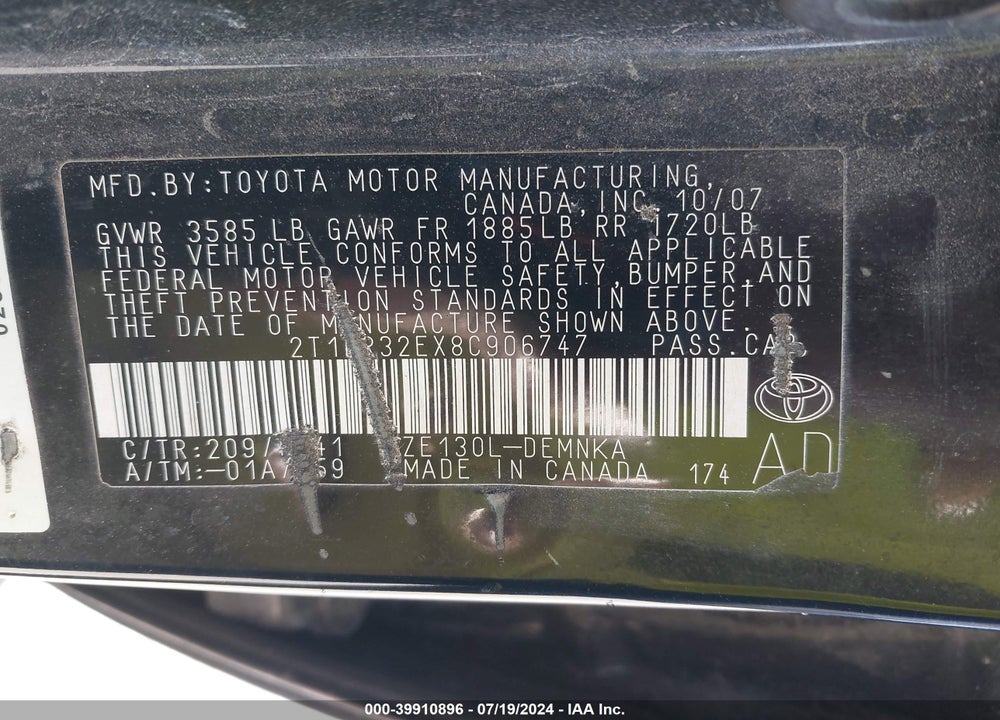 2008 TOYOTA COROLLA LE VIN: 2T1BR32EX8C906747