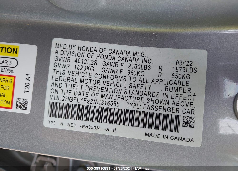 2022 HONDA CIVIC TOURING VIN: 2HGFE1F92NH316558