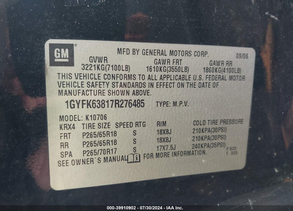 2007 CADILLAC ESCALADE STANDARD VIN: 1GYFK63817R276485