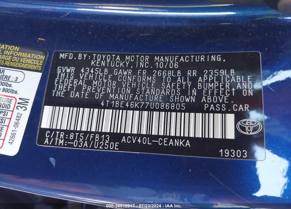 2007 TOYOTA CAMRY LE VIN: 4T1BE46K77U086805
