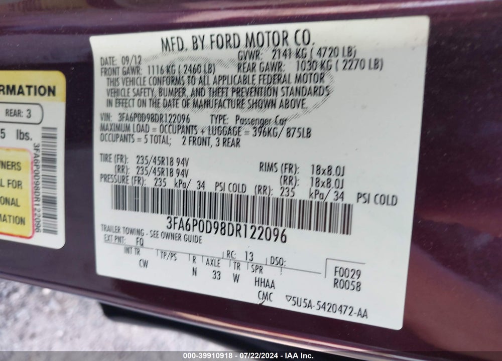 2013 FORD FUSION TITANIUM VIN: 3FA6P0D98DR122096