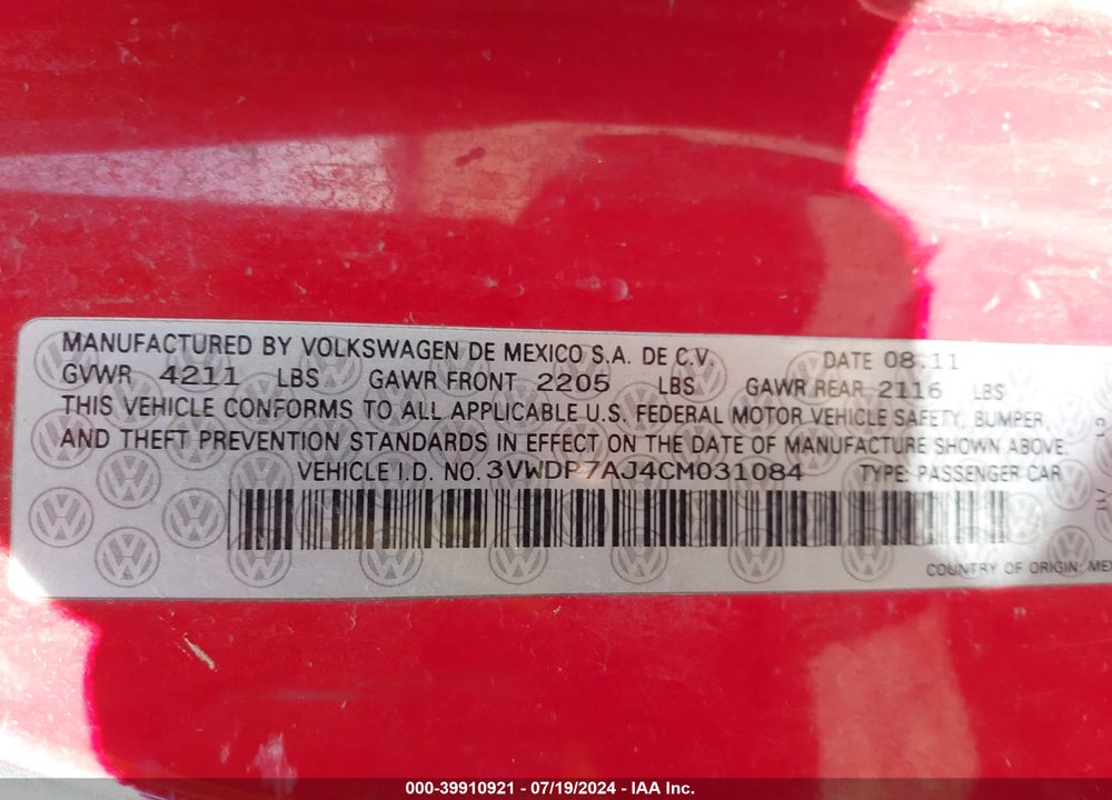 2012 VOLKSWAGEN JETTA 2.5L SE VIN: 3VWDP7AJ4CM031084