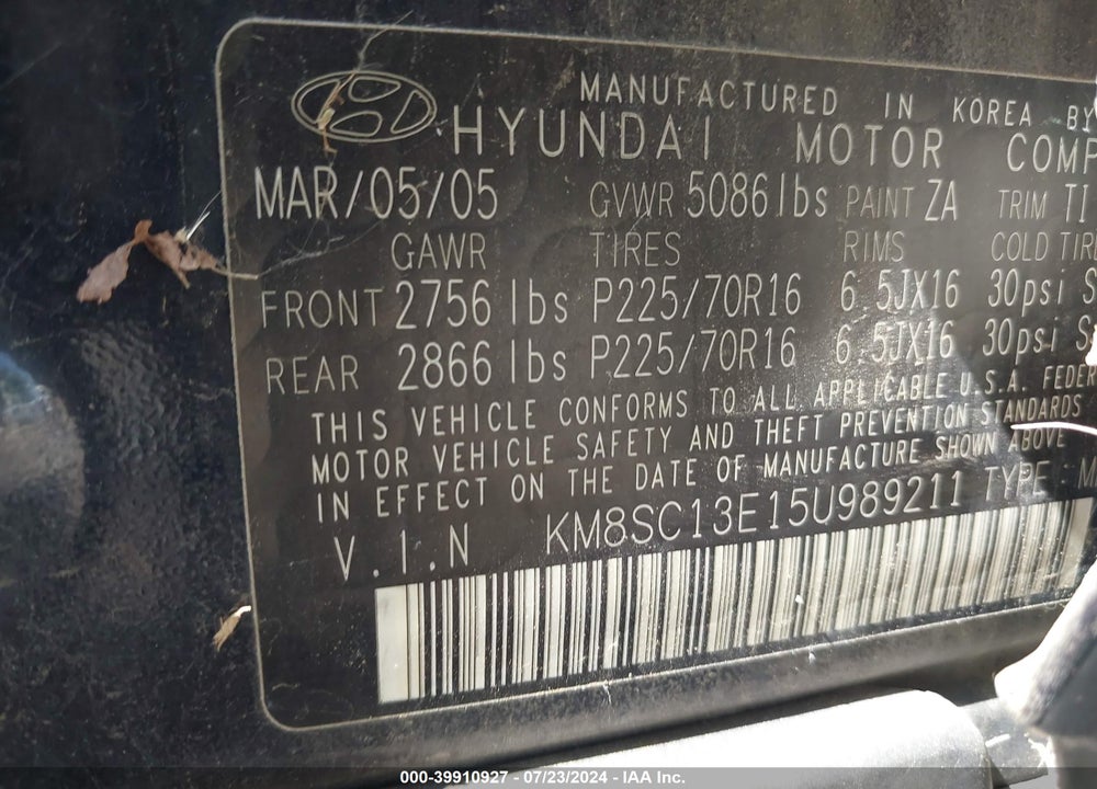 2005 HYUNDAI SANTA FE GLS/LX VIN: KM8SC13E15U989211