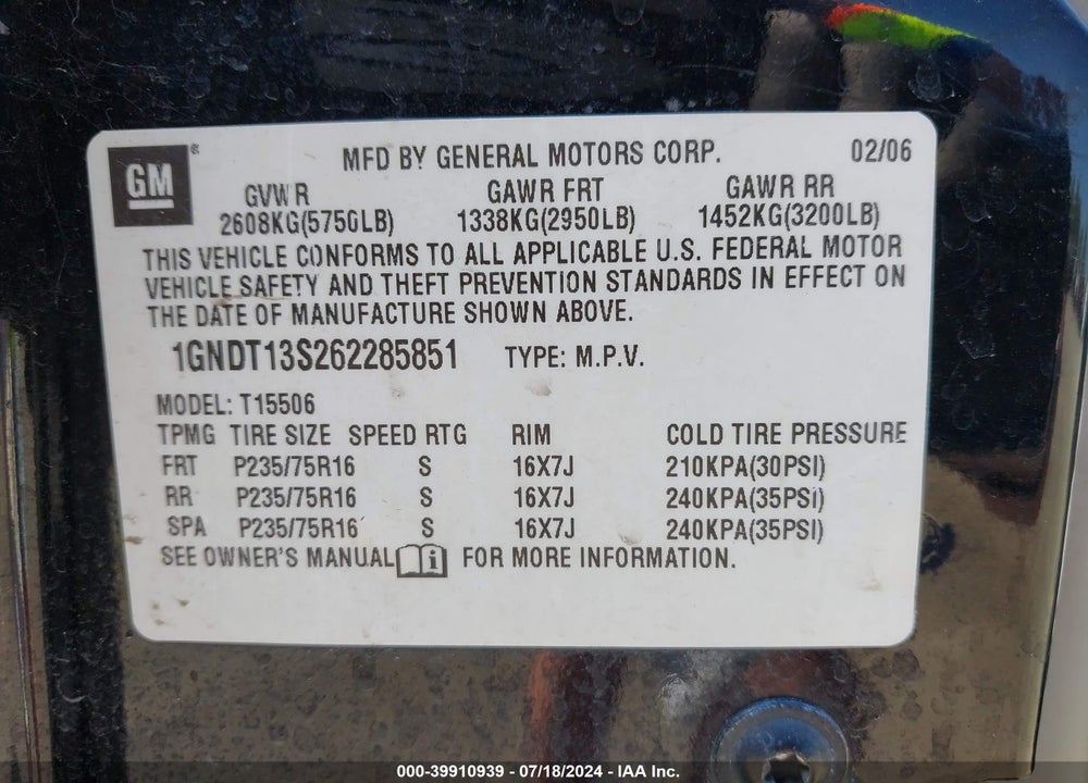 2006 CHEVROLET TRAILBLAZER VIN: 1GNDT13S262285851