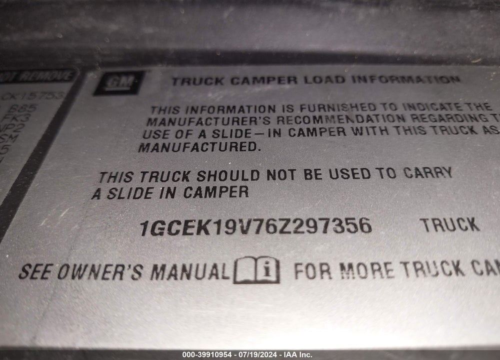 2006 CHEVROLET SILVERADO 1500 LT1 VIN: 1GCEK19V76Z297356