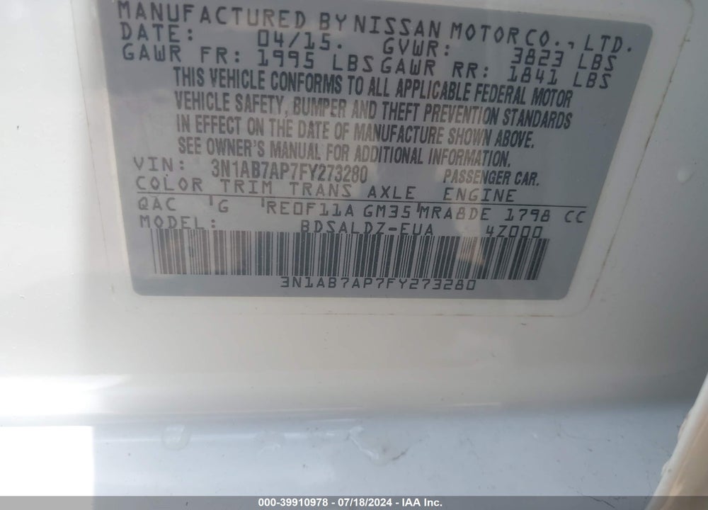 2015 NISSAN SENTRA FE+ S/S/SL/SR/SV VIN: 3N1AB7AP7FY273280