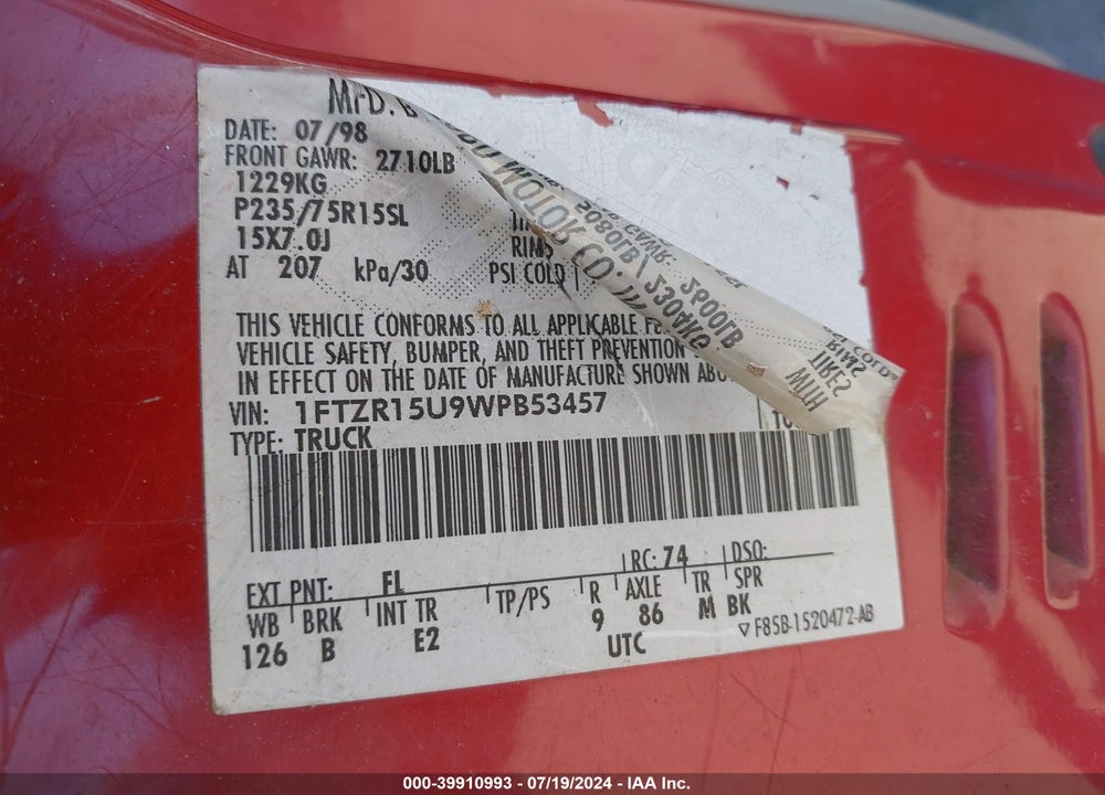1998 FORD RANGER SPLASH/XL/XLT VIN: 1FTZR15U9WPB53457