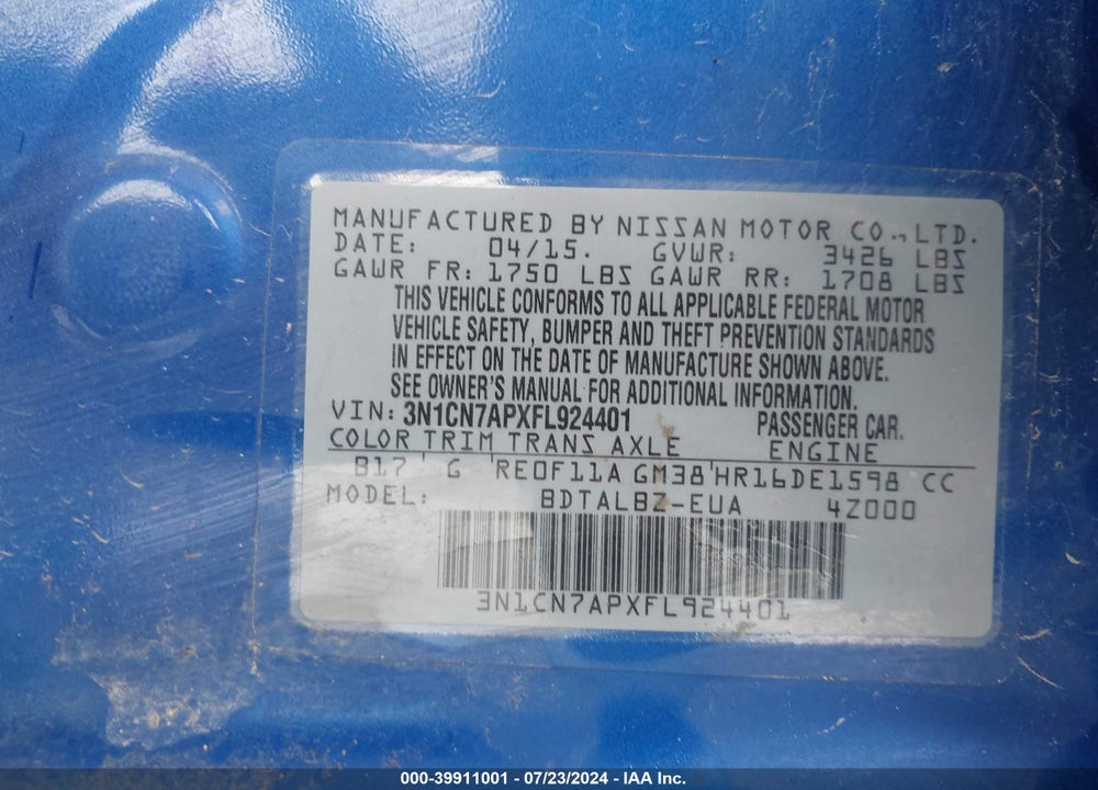 2015 NISSAN VERSA 1.6 SV VIN: 3N1CN7APXFL924401