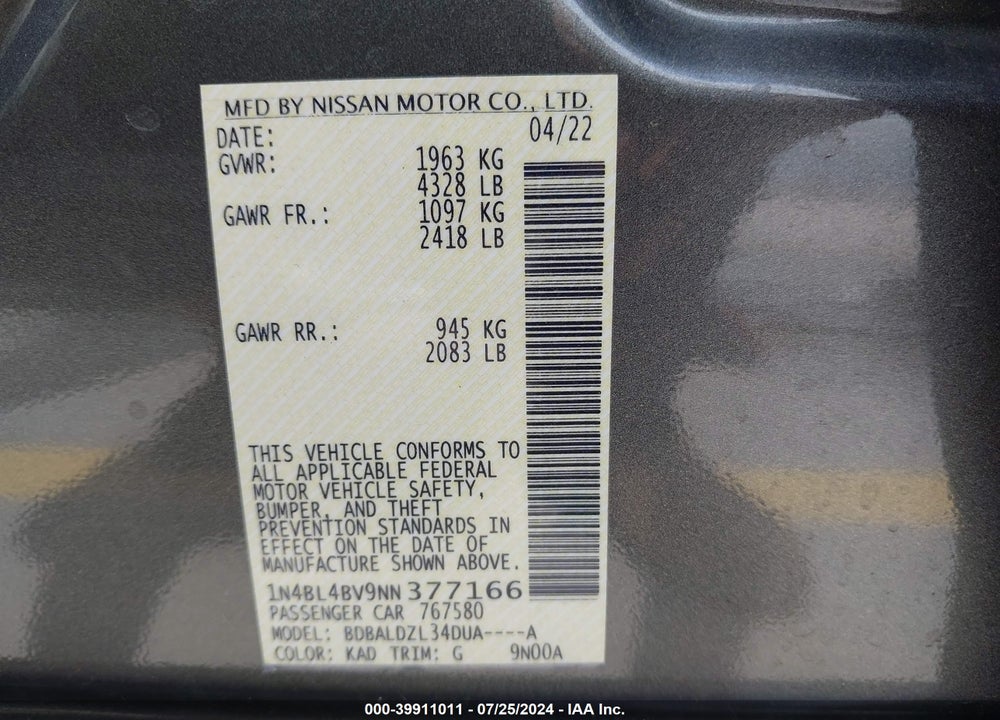 2022 NISSAN ALTIMA S FWD VIN: 1N4BL4BV9NN377166