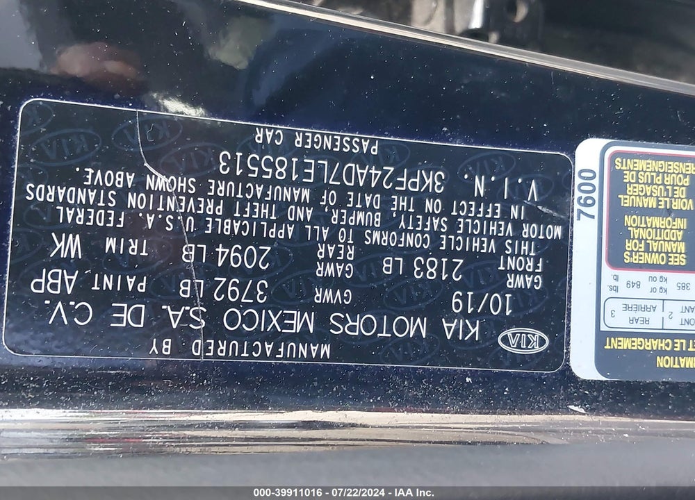 2020 KIA FORTE FE VIN: 3KPF24AD7LE185513