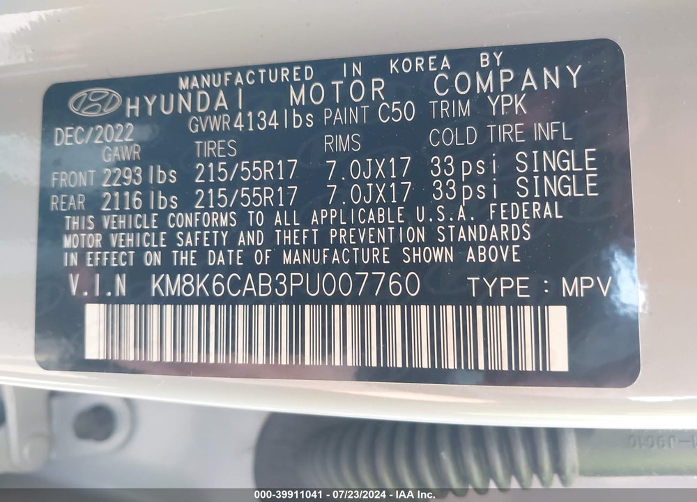 2023 HYUNDAI KONA SEL VIN: KM8K6CAB3PU007760