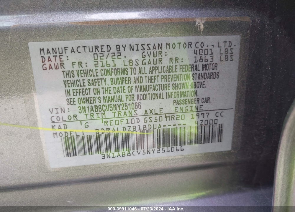 2022 NISSAN SENTRA SV XTRONIC CVT VIN: 3N1AB8CV5NY251066