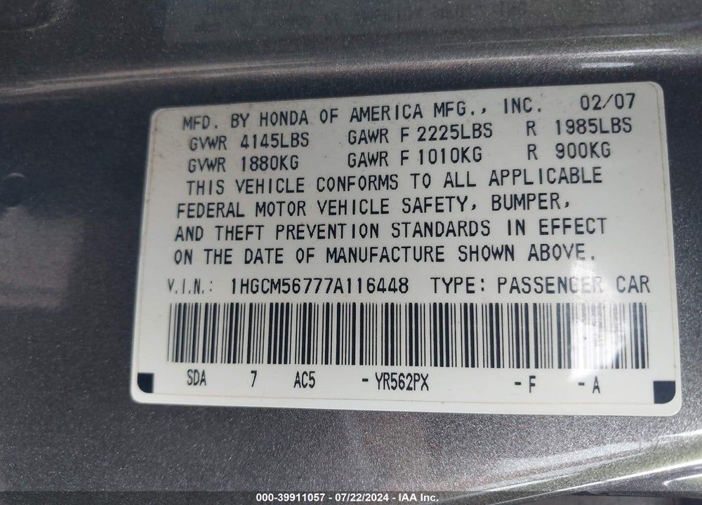 2007 HONDA ACCORD 2.4 EX VIN: 1HGCM56777A116448