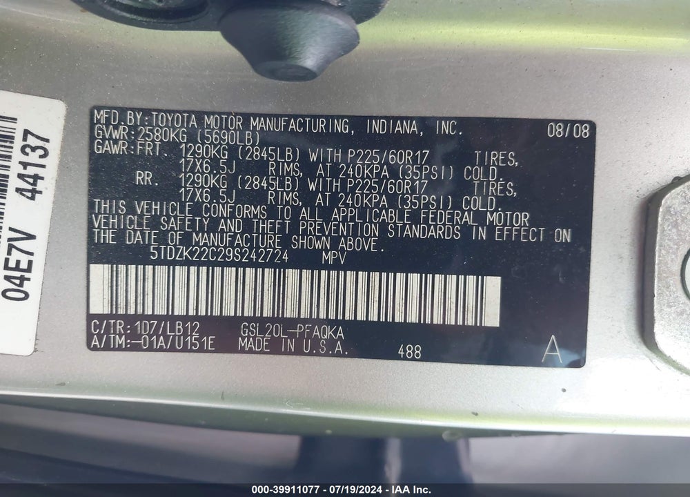 2009 TOYOTA SIENNA XLE VIN: 5TDZK22C29S242724