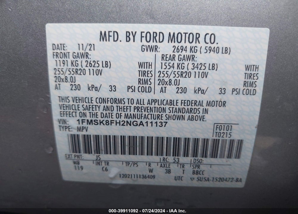 2022 FORD EXPLORER LIMITED VIN: 1FMSK8FH2NGA11137