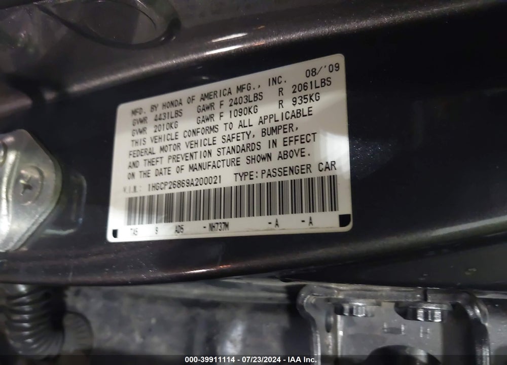 2009 HONDA ACCORD 2.4 EX-L VIN: 1HGCP26869A200021