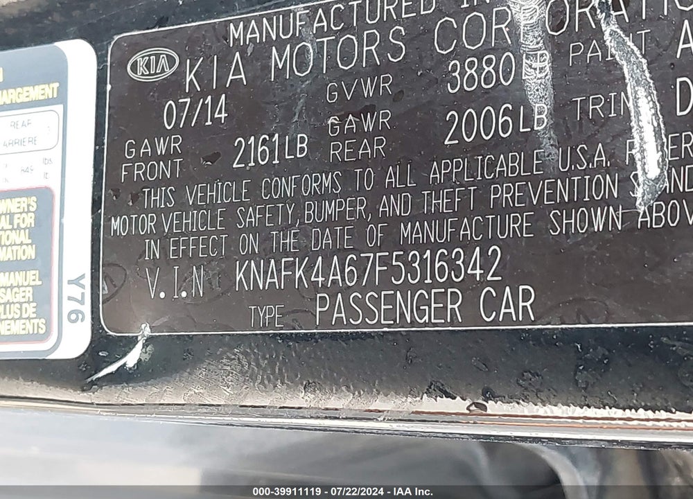 2015 KIA FORTE VIN: KNAFK4A67F5316342
