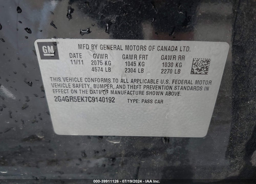 2012 BUICK REGAL VIN: 2G4GR5EK7C9140192
