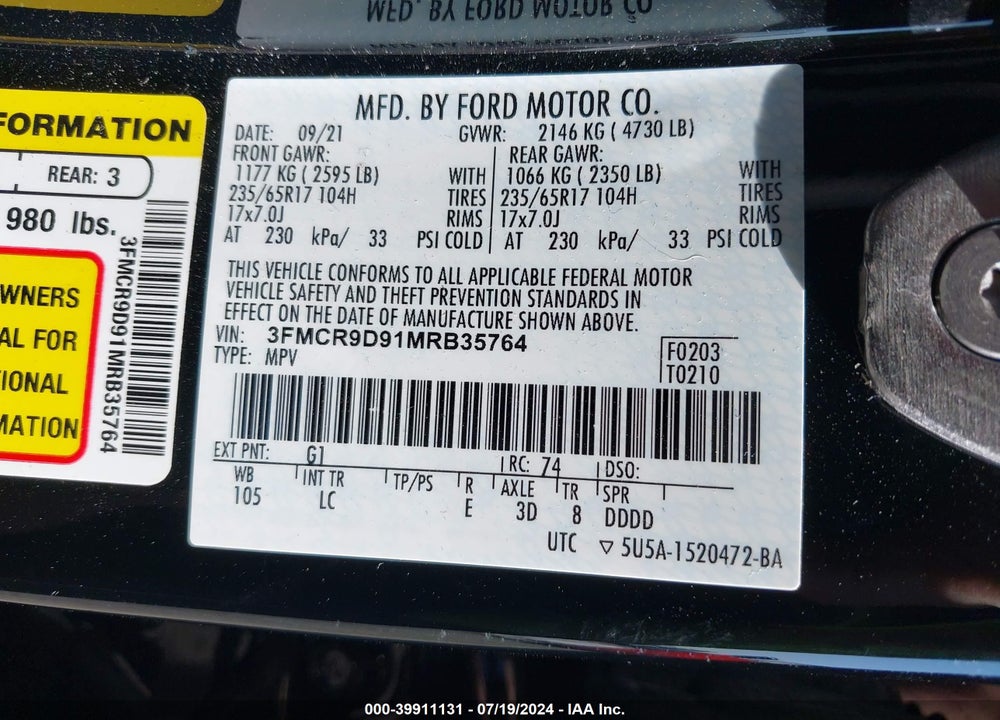 2021 FORD BRONCO SPORT BADLANDS VIN: 3FMCR9D91MRB35764
