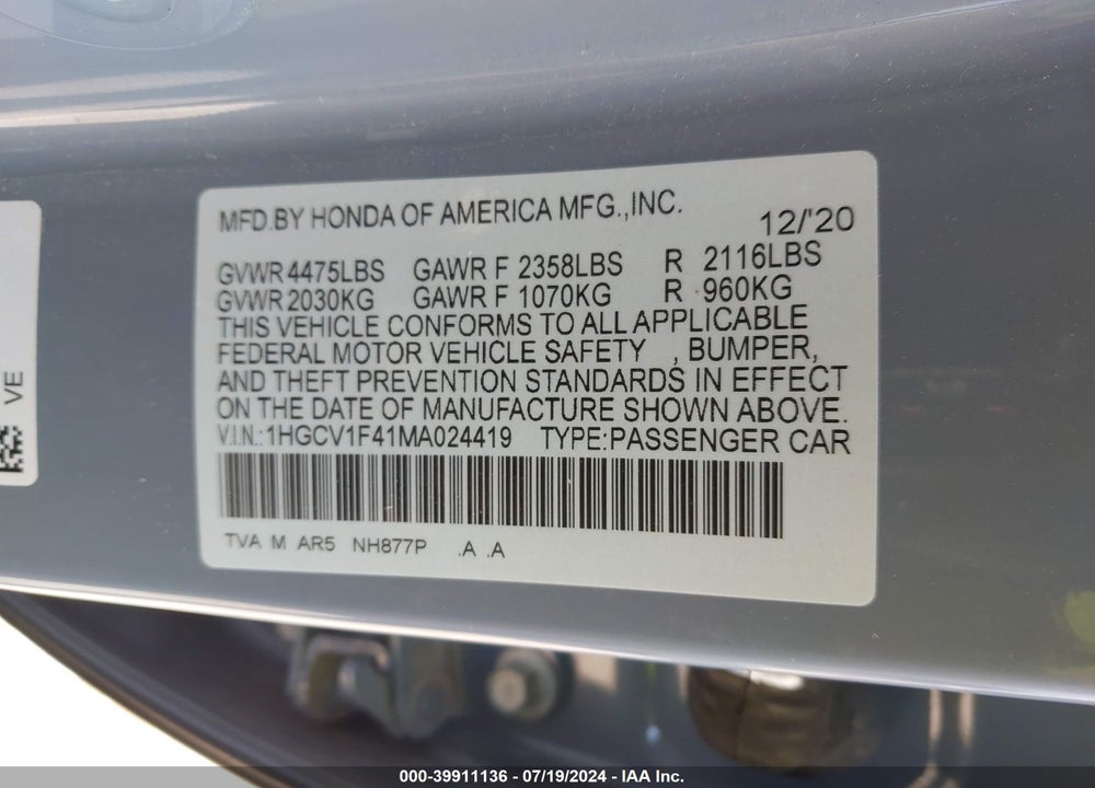 2021 HONDA ACCORD SPORT SPECIAL EDITION VIN: 1HGCV1F41MA024419
