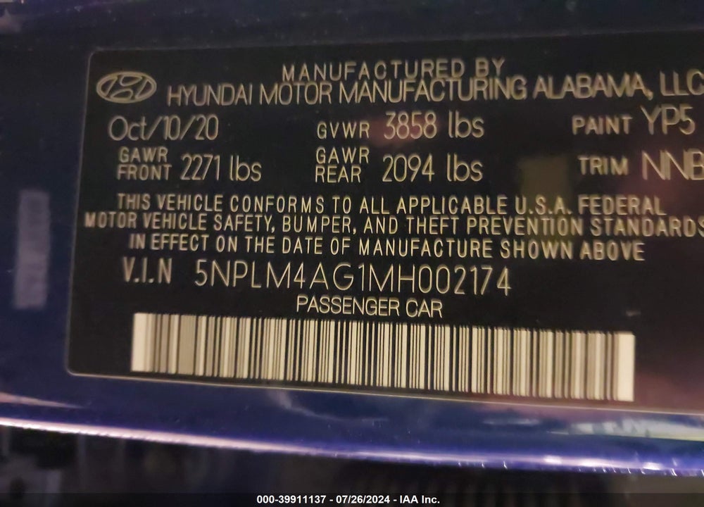 2021 HYUNDAI ELANTRA SEL VIN: 5NPLM4AG1MH002174
