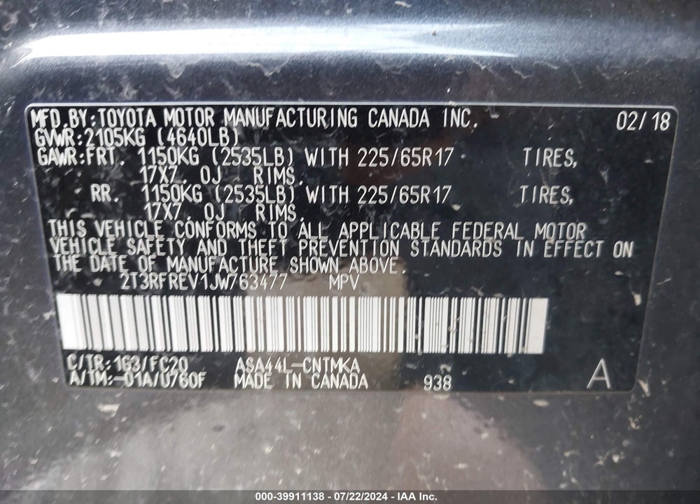 2018 TOYOTA RAV4 XLE VIN: 2T3RFREV1JW763477