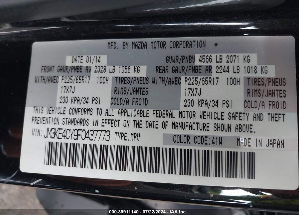2015 MAZDA CX-5 TOURING VIN: JM3KE4CY9F0437773