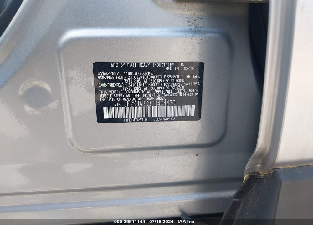 2017 SUBARU FORESTER 2.5I VIN: JF2SJABC3HH404430