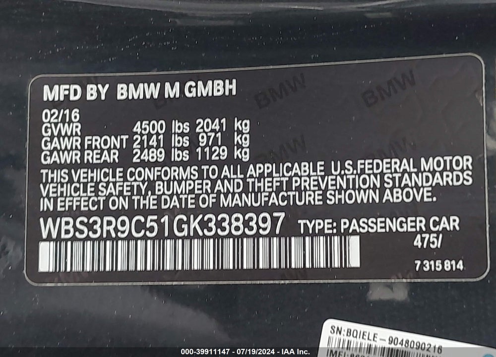 2016 BMW M4 VIN: WBS3R9C51GK338397