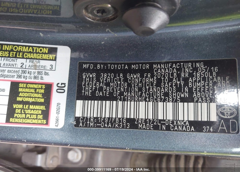 2016 TOYOTA COROLLA LE VIN: 2T1BURHE4GC673875