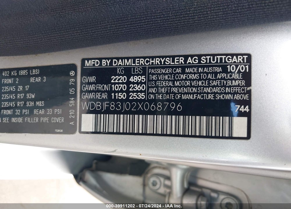 2002 MERCEDES-BENZ E 430 4M/4M SPECIAL EDITION VIN: WDBJF83J02X068796