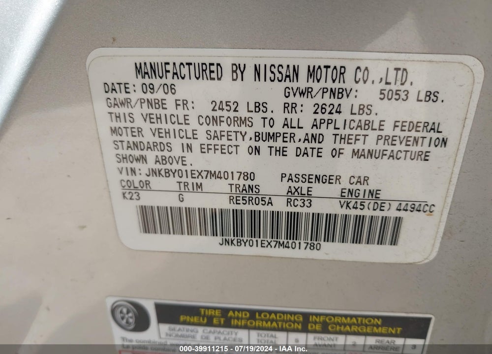 2007 INFINITI M45 SPORT VIN: JNKBY01EX7M401780