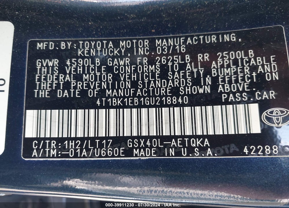 2016 TOYOTA AVALON TOURING VIN: 4T1BK1EB1GU218840