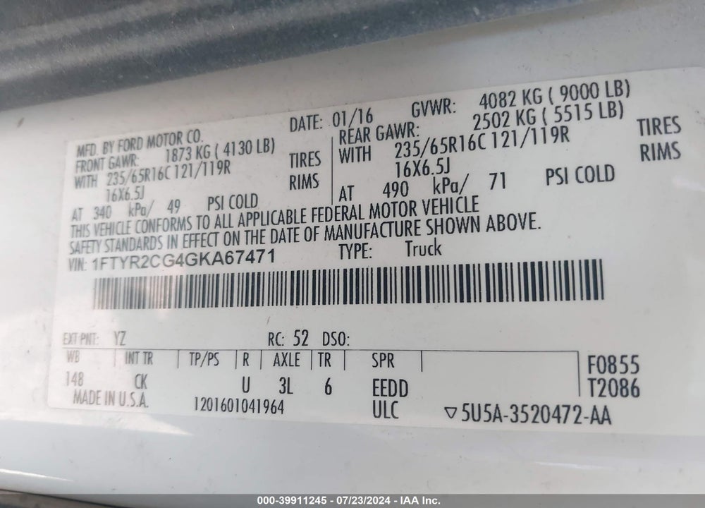 2016 FORD TRANSIT-250 VIN: 1FTYR2CG4GKA67471