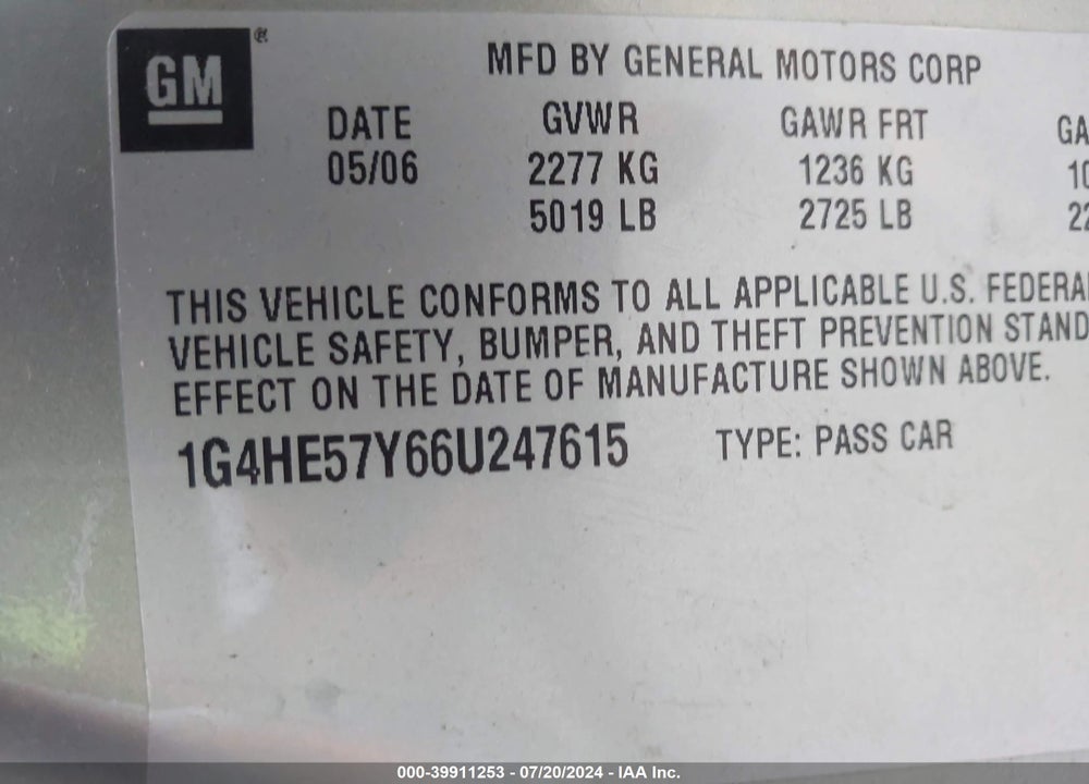 2006 BUICK LUCERNE CXS VIN: 1G4HE57Y66U247615
