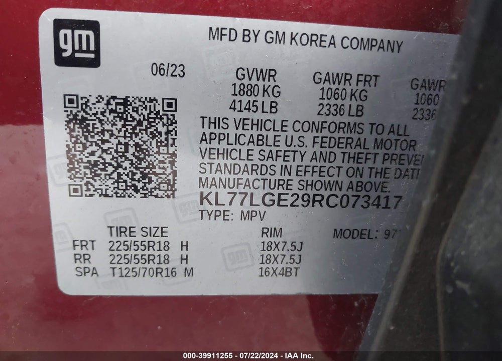 2024 CHEVROLET TRAX VIN: KL77LGE29RC073417