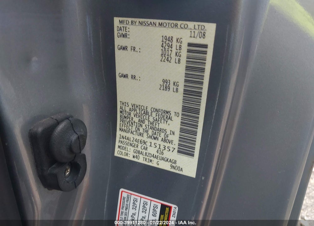 2009 NISSAN ALTIMA 2.5 S VIN: 1N4AL24E69C151357
