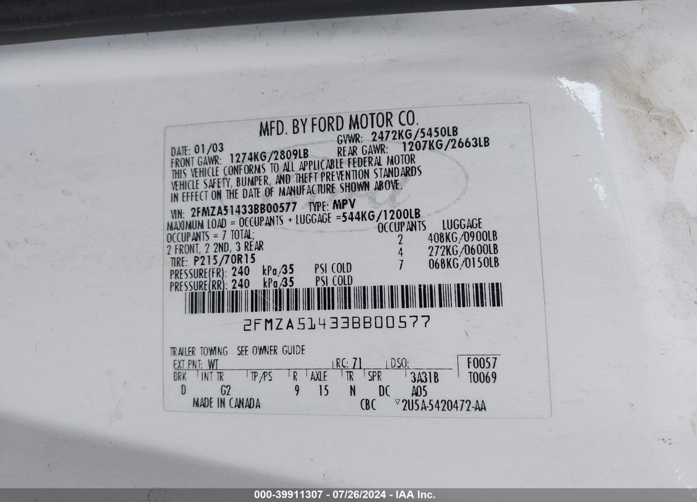 2003 FORD WINDSTAR LX VIN: 2FMZA51433BB00577