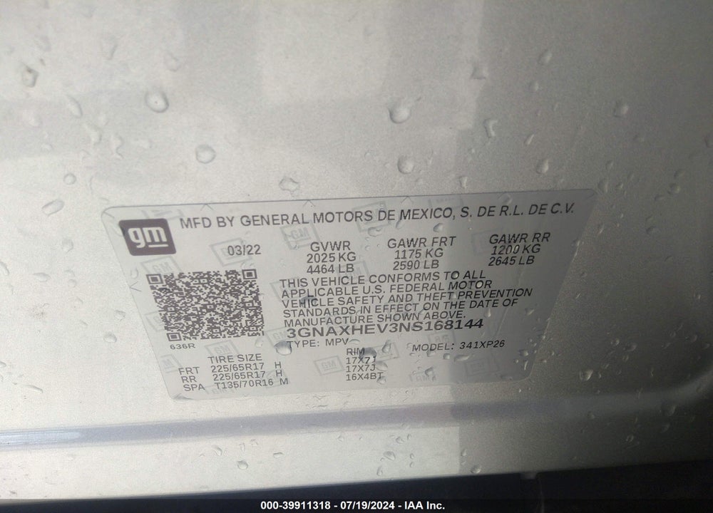 2022 CHEVROLET EQUINOX FWD LS VIN: 3GNAXHEV3NS168144