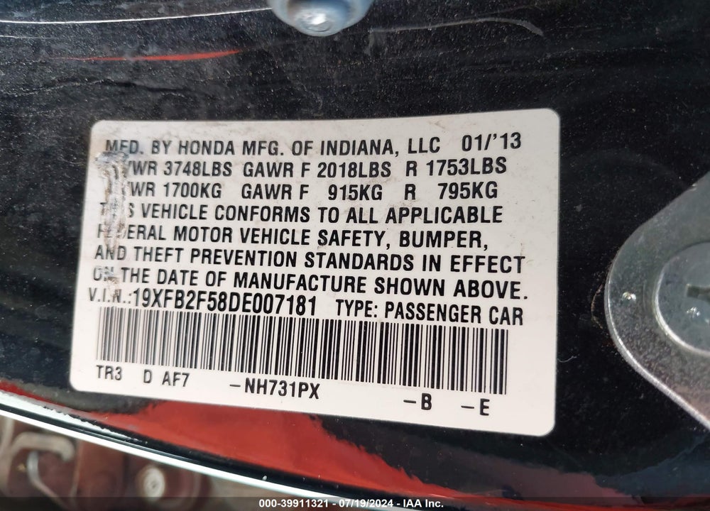 2013 HONDA CIVIC LX VIN: 19XFB2F58DE007181