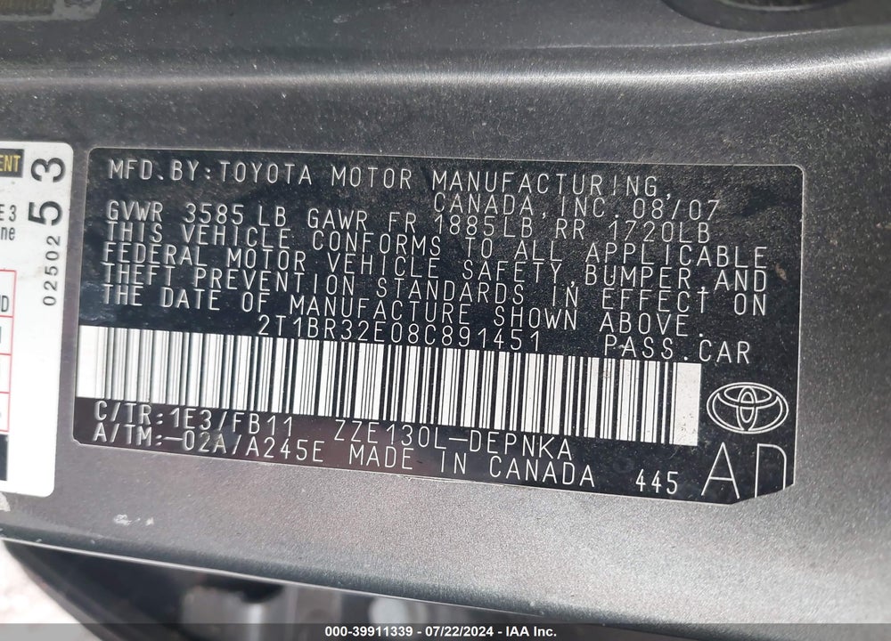 2008 TOYOTA COROLLA LE VIN: 2T1BR32E08C891451
