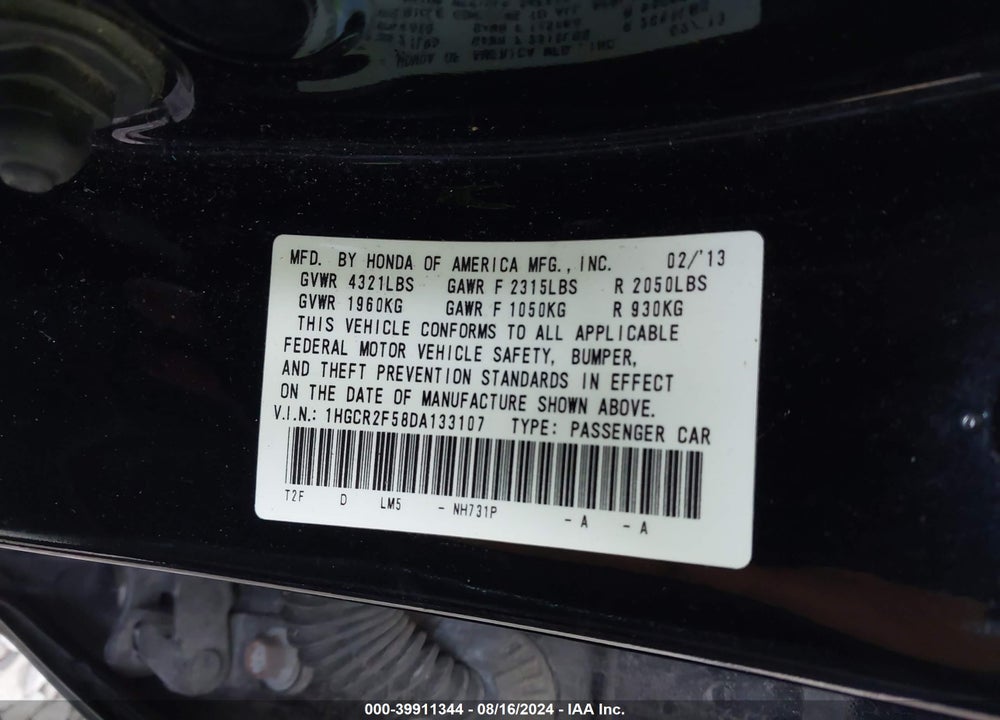 2013 HONDA ACCORD SPORT VIN: 1HGCR2F58DA133107
