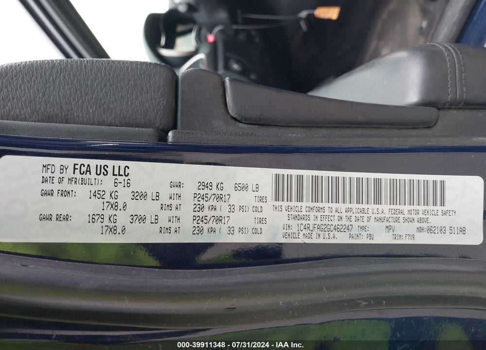 2016 JEEP GRAND CHEROKEE LAREDO VIN: 1C4RJFAG2GC462247