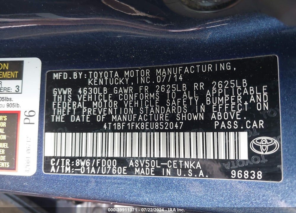 2014 TOYOTA CAMRY LE VIN: 4T1BF1FK8EU852047