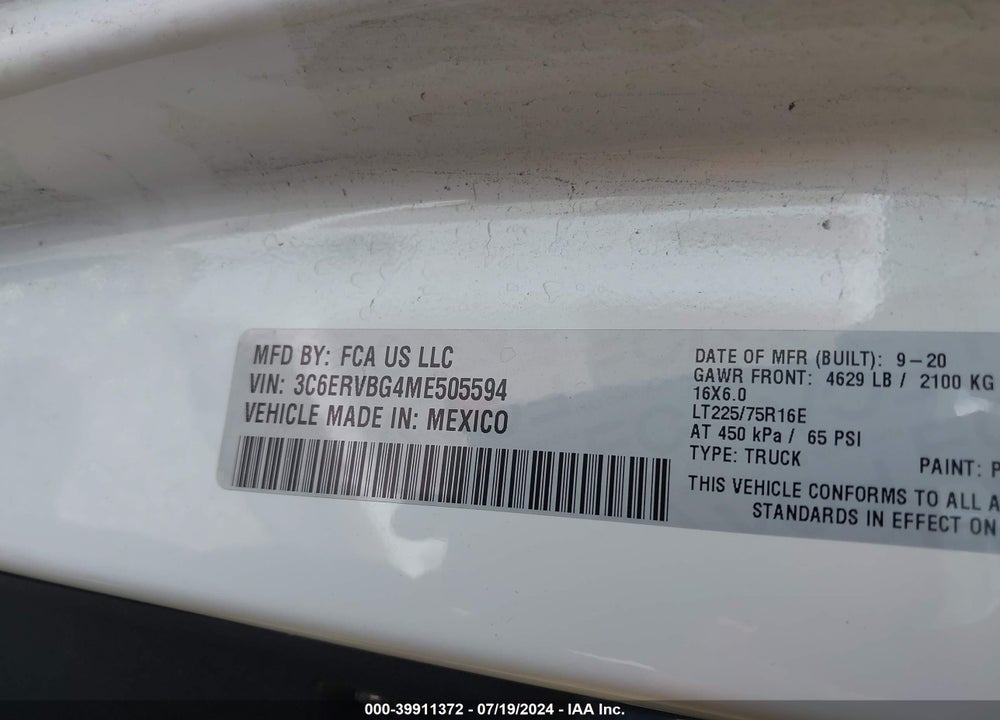 2021 RAM PROMASTER 1500 HIGH ROOF 136 WB VIN: 3C6ERVBG4ME505594